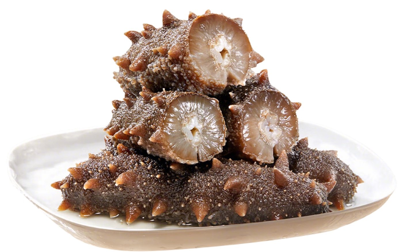 即食海参白盘堆叠切面